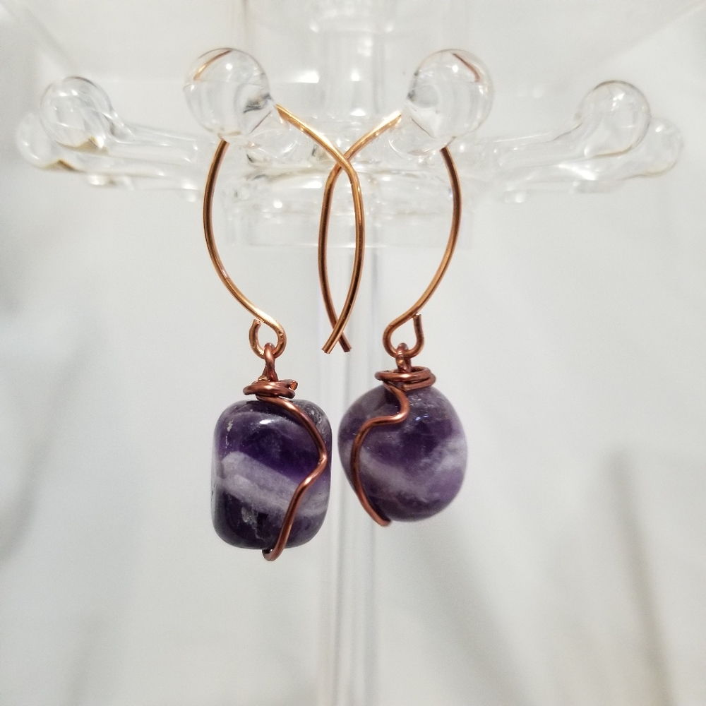 Copper Wrapped Banded Amethyst Earrings